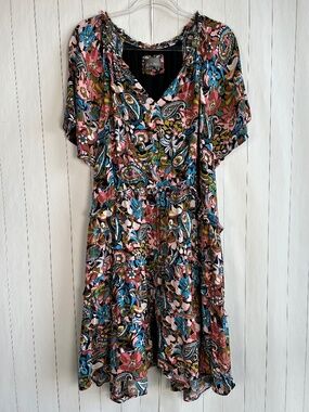 Anthropologie plus size 3X Robin tiered short dress black colorful paisley boho